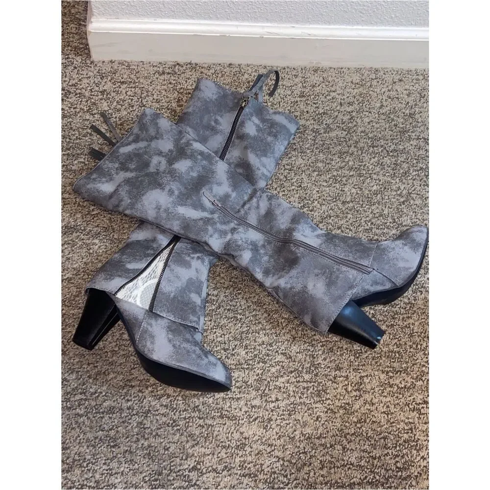 Women's Gray Faux Suede-Look Knee Boots with Side Zipper